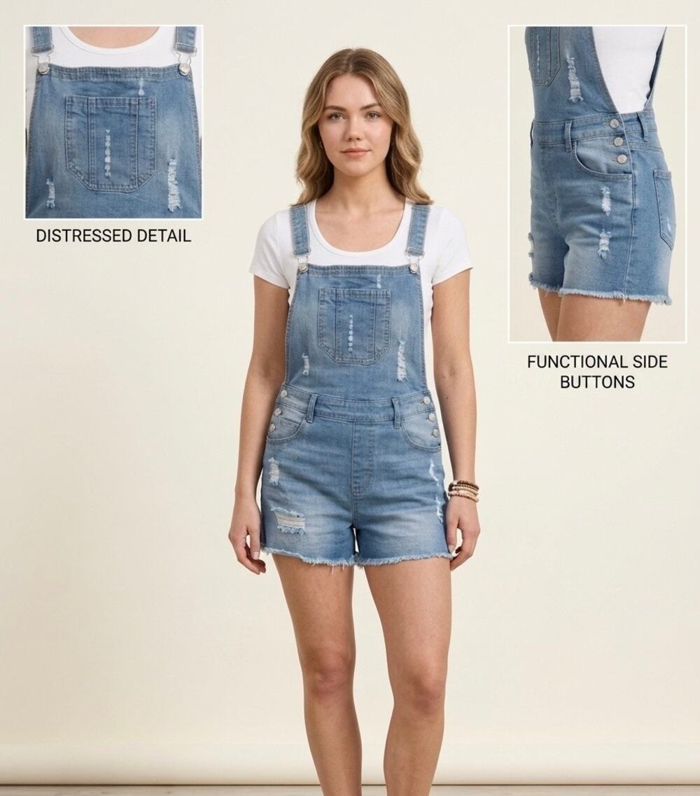 Women’s distressed denim shortalls,